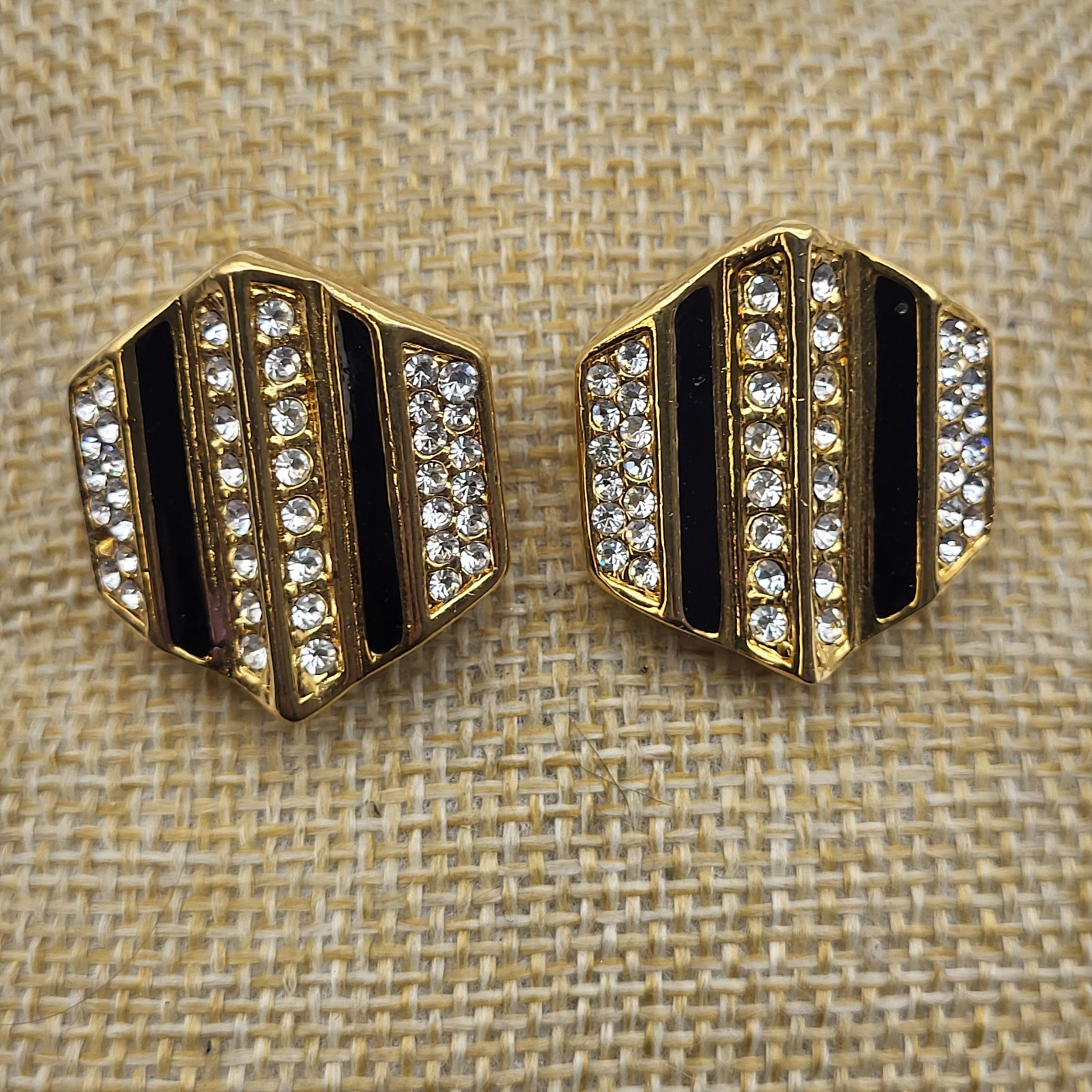 Beautiful Vintage Geometric Enamel Rhinestone Clip Earrings Dramatic Elegant
