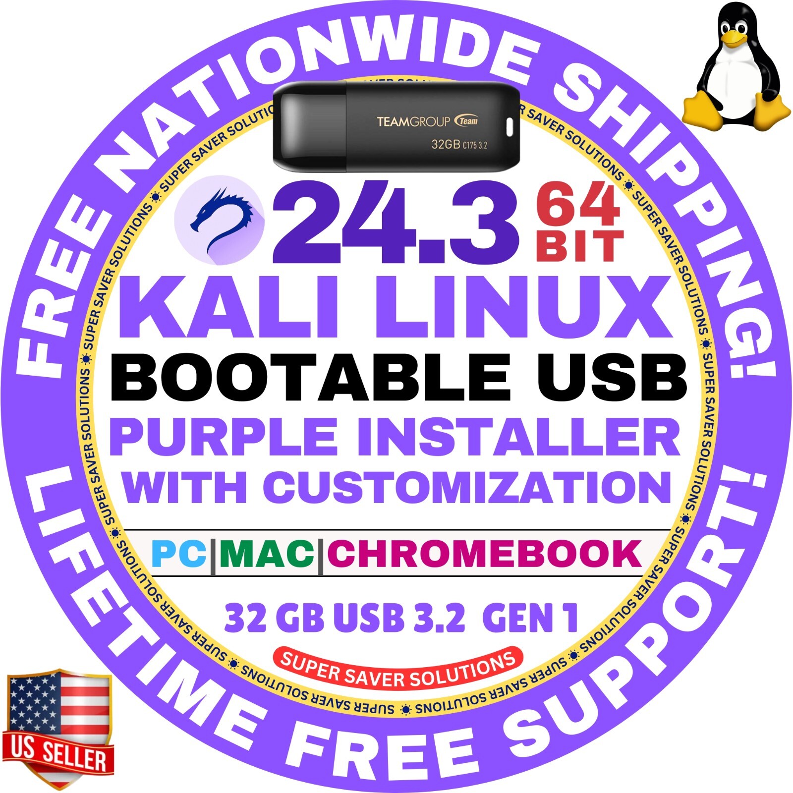KALI LINUX OS 24.3 LIVE / FULL INSTALLER / DVD, USB / 64-BIT, AMD64 / MAC PC ALL