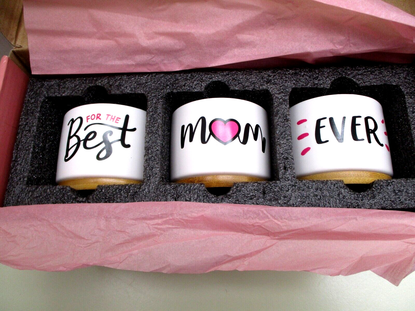 New in Box GiftaGirl "For The Best Mom Ever" 3 Planters with Wood Bases