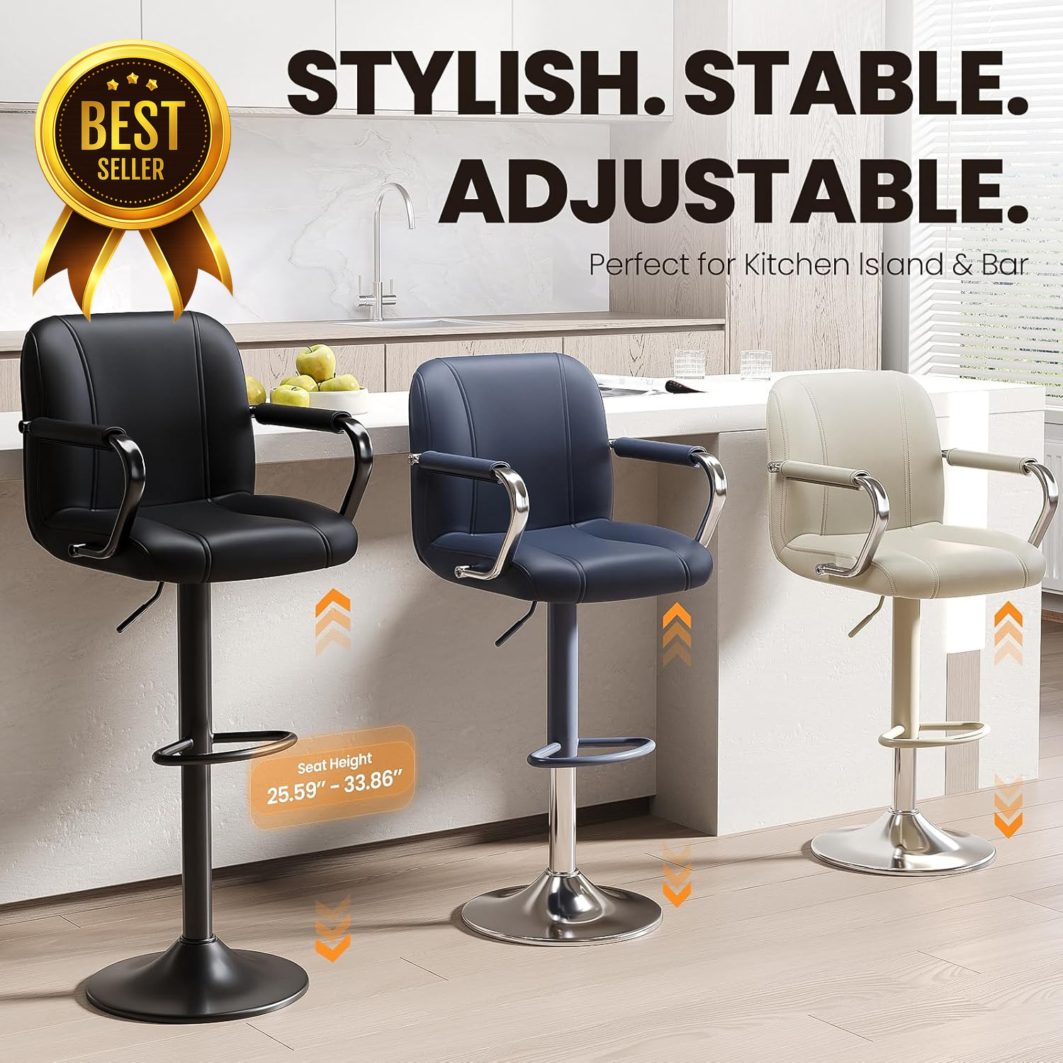 Set of 2 Adjustable Swivel Counter Chairs Beige Kitchen Island Bar Stools