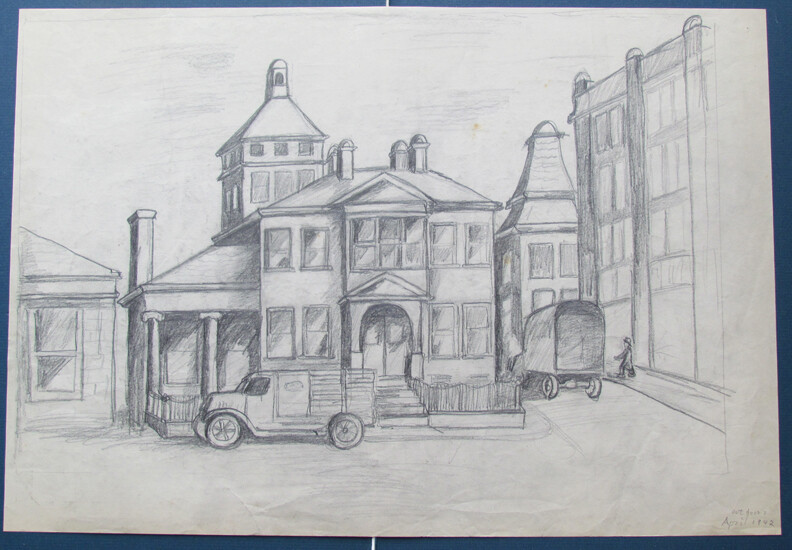 1942 Unsigned Drawing City Street Drawing Titled: Outdoors Trucks & Buildings