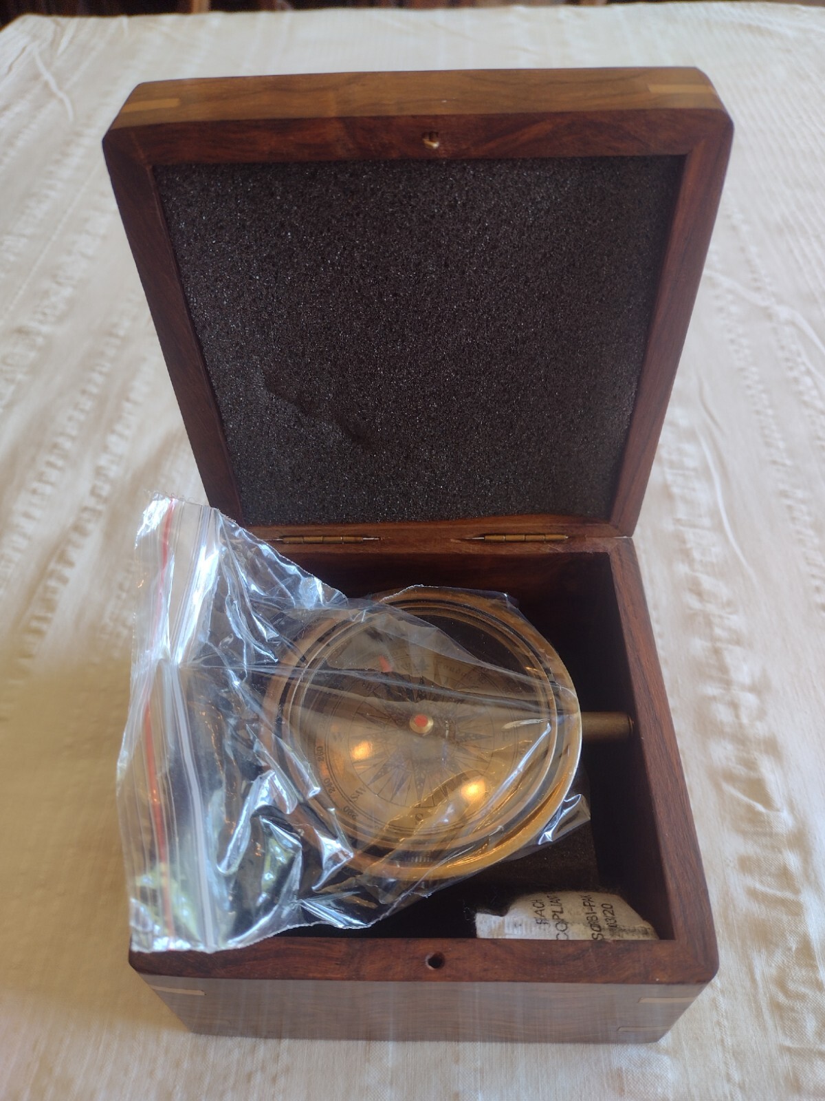 Wood Hinged Box With Compass Inside 4.75" X 4.75" X 3.25"