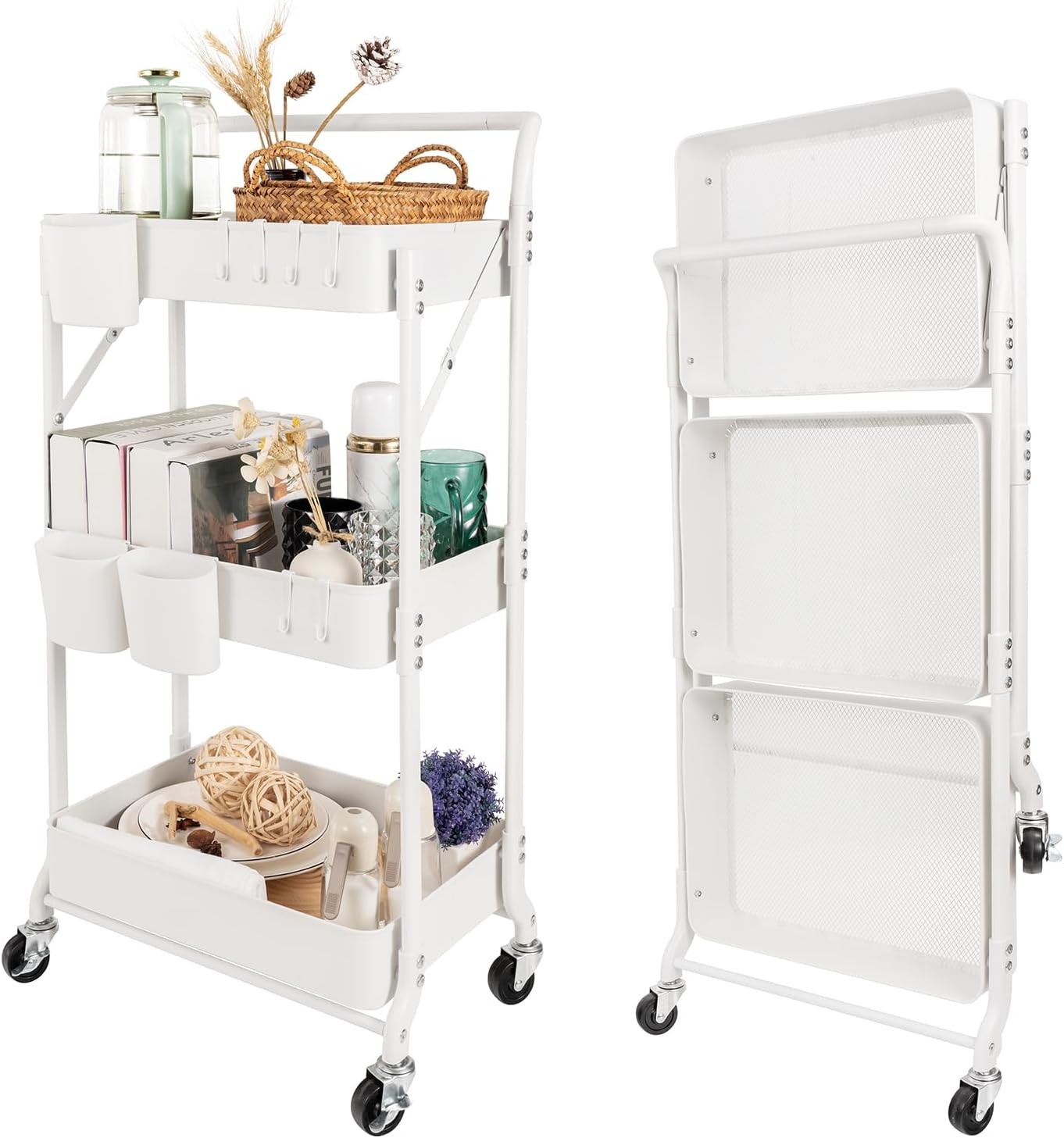 3 Tier Foldable Rolling Cart W/ Wheels Folding Utility Cart Organizer