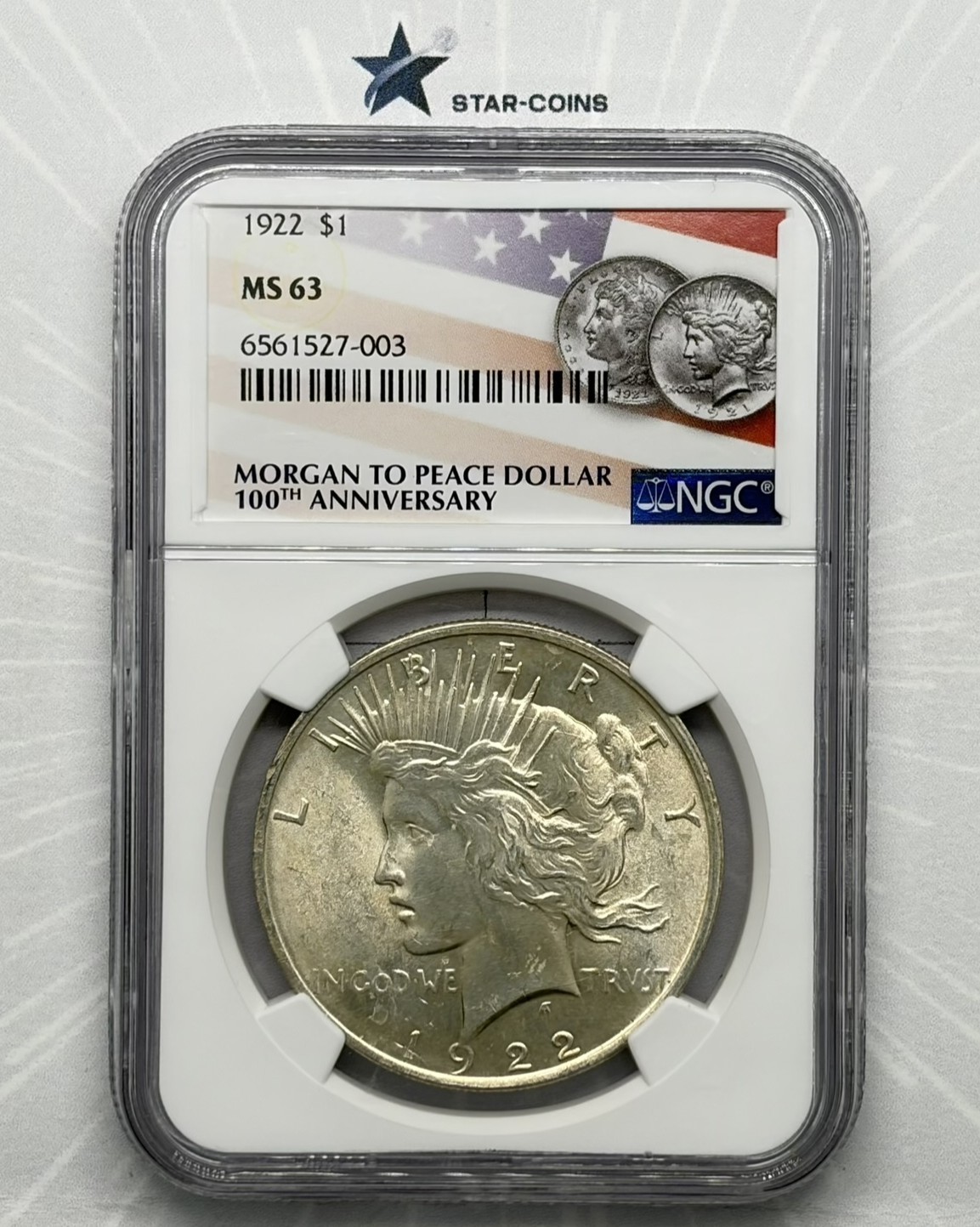 1922 Peace Silver Dollar NGC MS63 Morgan to Peace Dollar 100th Anniv. Label