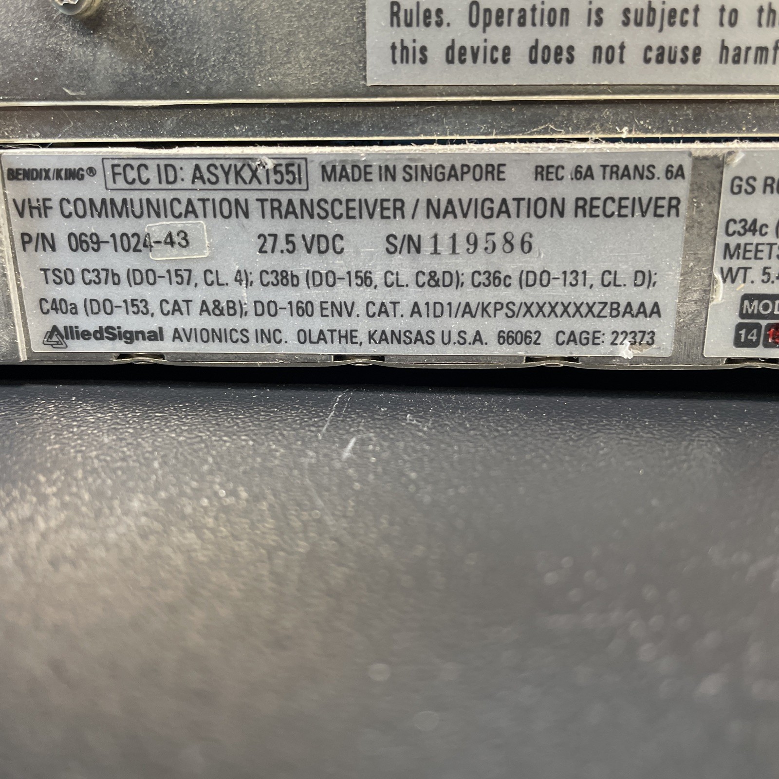 Bendix King KX 155 NAV/COM w/GS - 28V