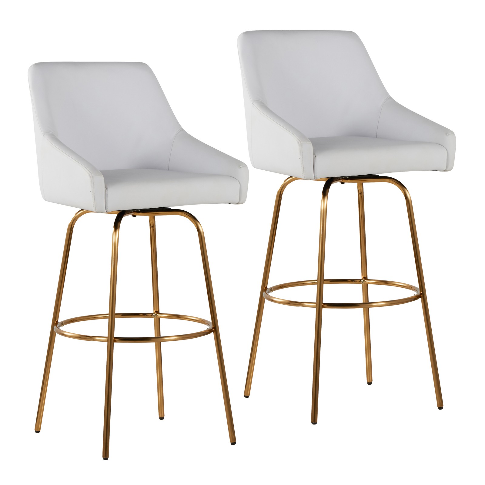 Set of 2 Barstools 30" Fixed Height Swivel White Faux Leather Gold Metal