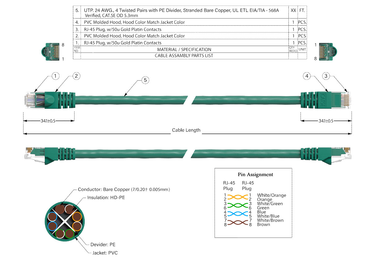 1ft Cat5e UTP Ethernet Network Patch Cable Snagless 24AWG Bare Copper, Green