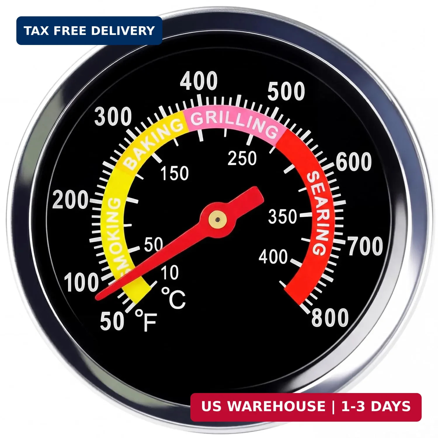 BBQ Thermometer 2-3/8" Oversized Dial, 50-800°F Smoker Thermometer Weatherproof