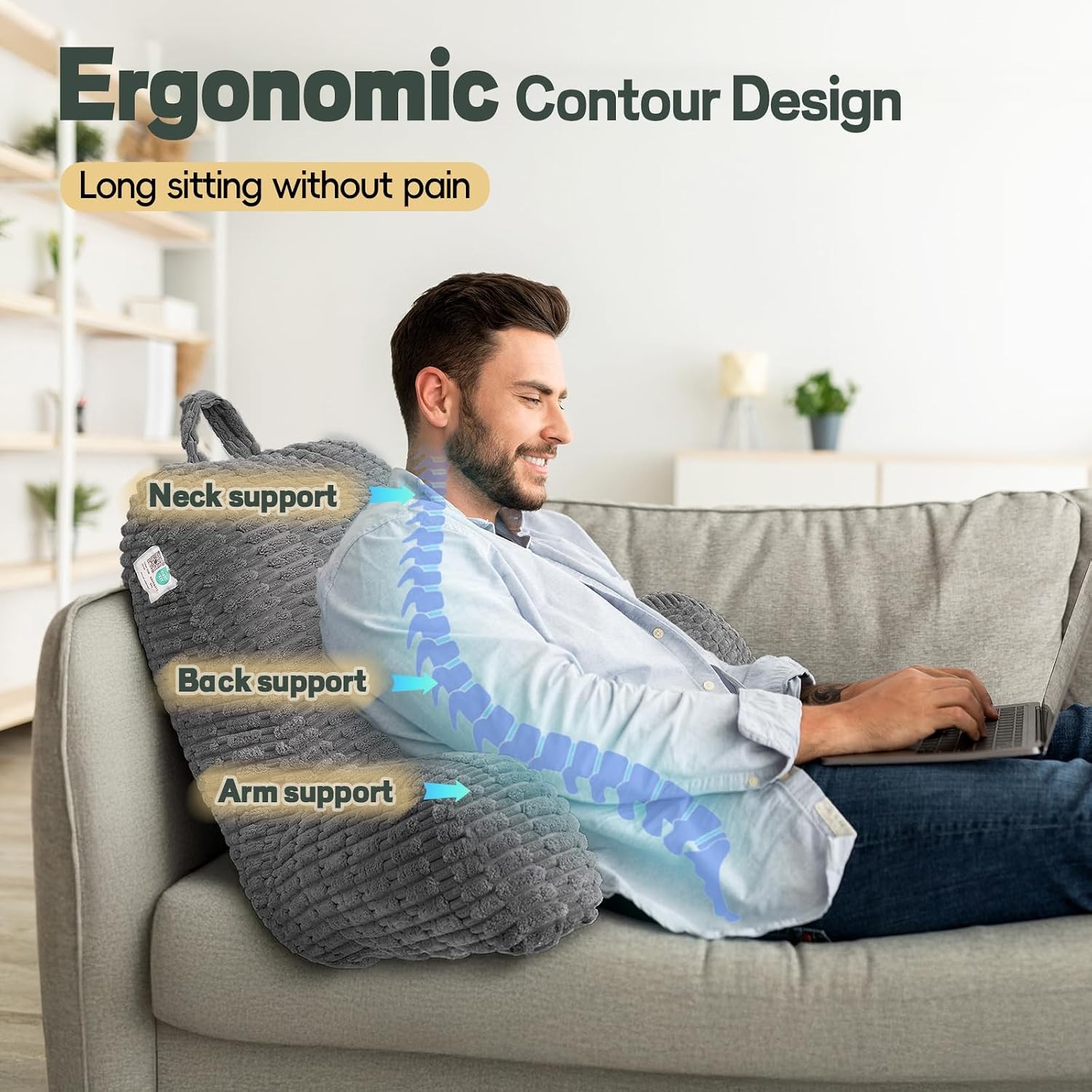 21 Inch Large Reading Pillow Memory Foam Back Support With Arm Rest Gray
