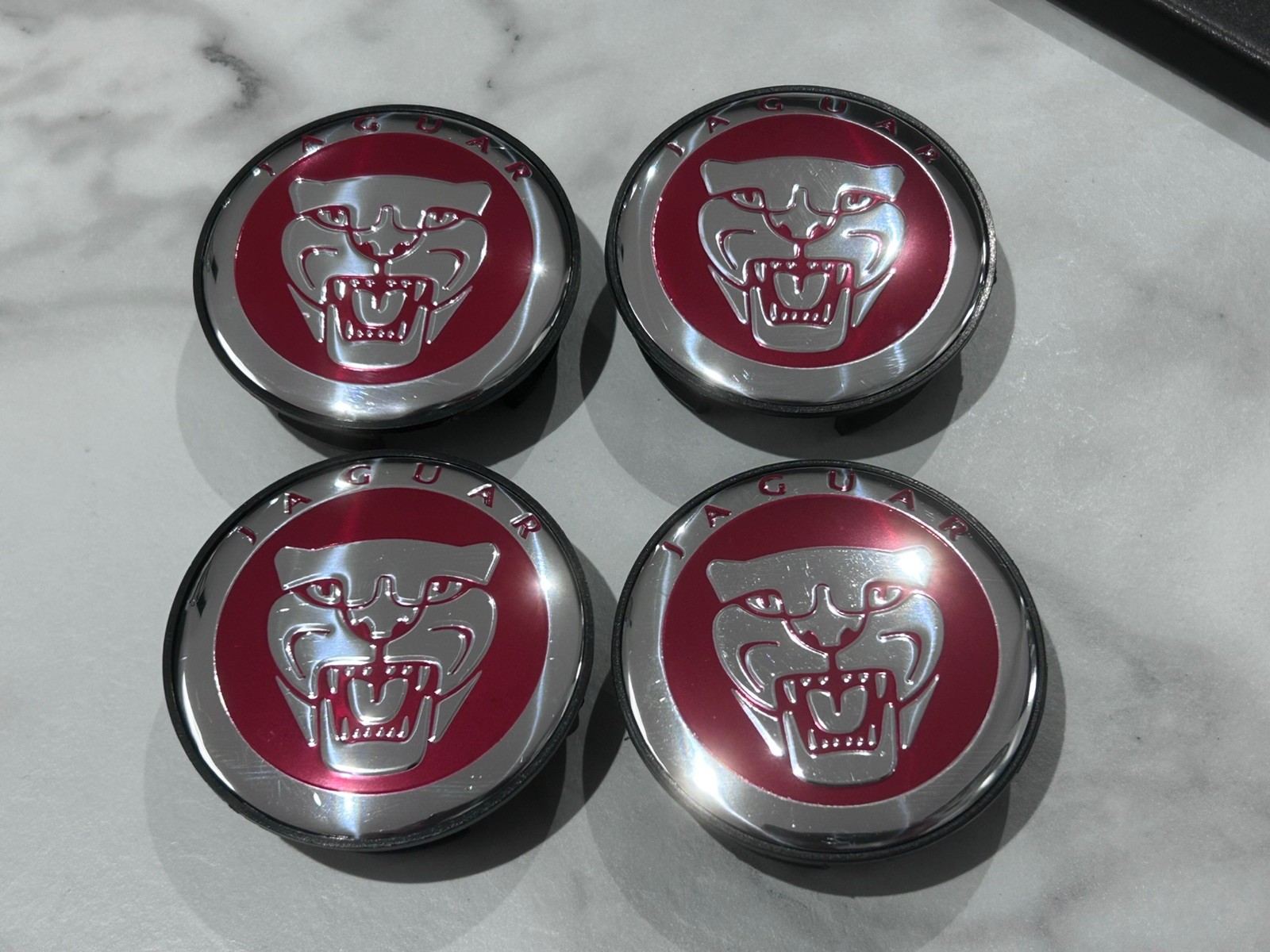 4 x 58mm chrome / Dark Red centre caps will fit Jaguar alloy wheels brand new S1