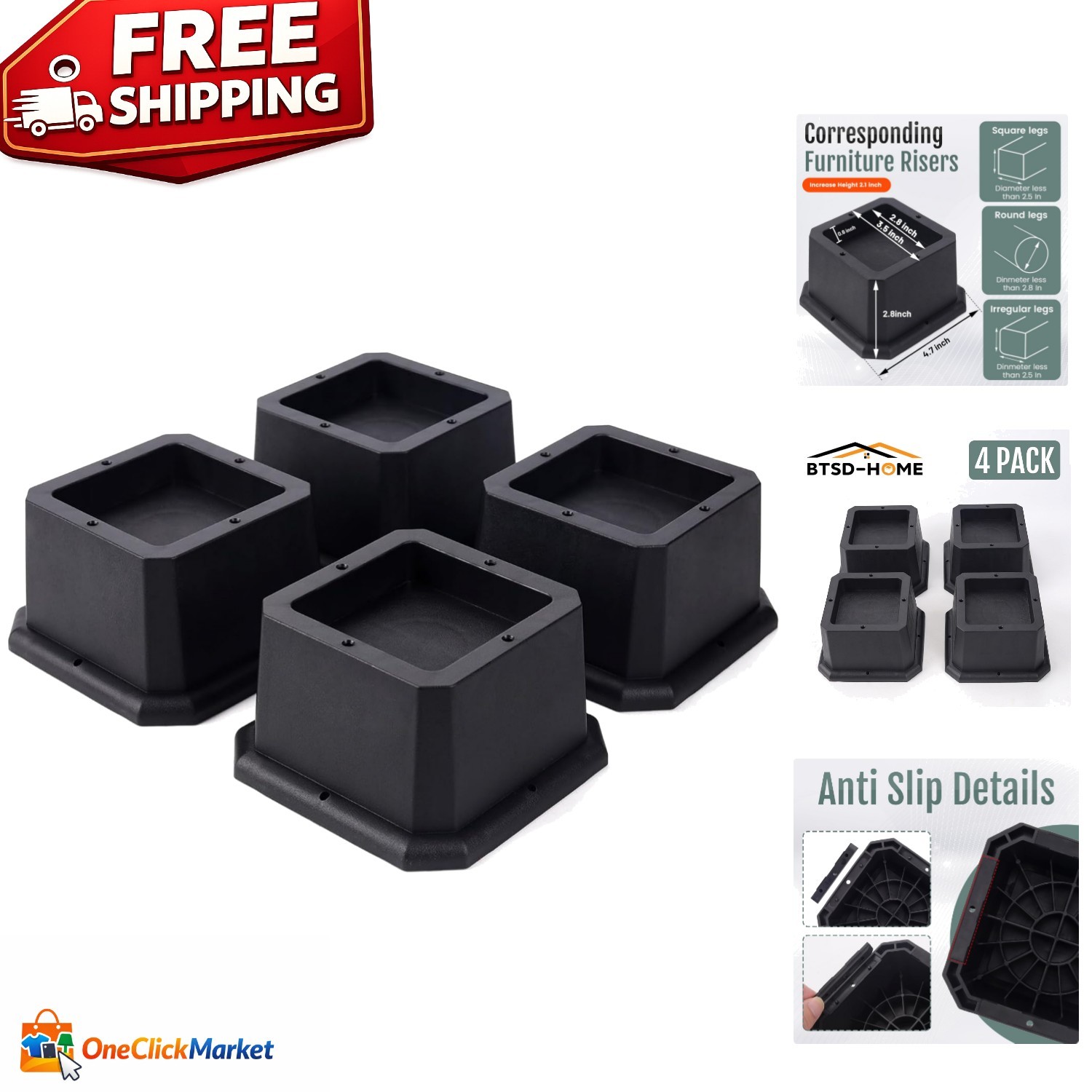Furniture Risers Bed Risers Table Chair Leg Extenders Heavy Duty 4 Pack