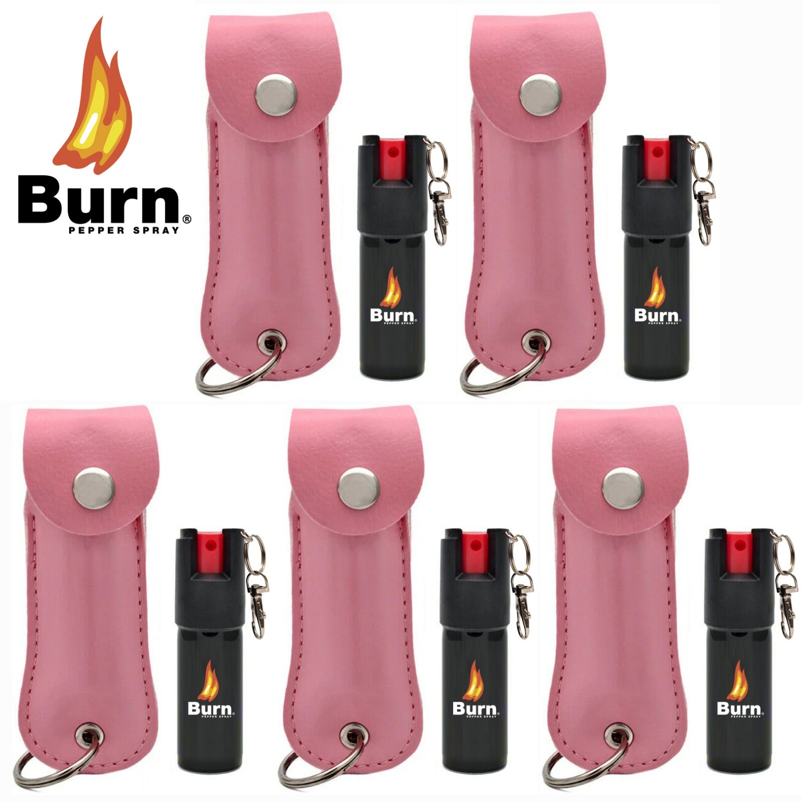 5 Pack BURN Pepper Spray 1/2oz Self Defense Keychain in Pink Holster Case