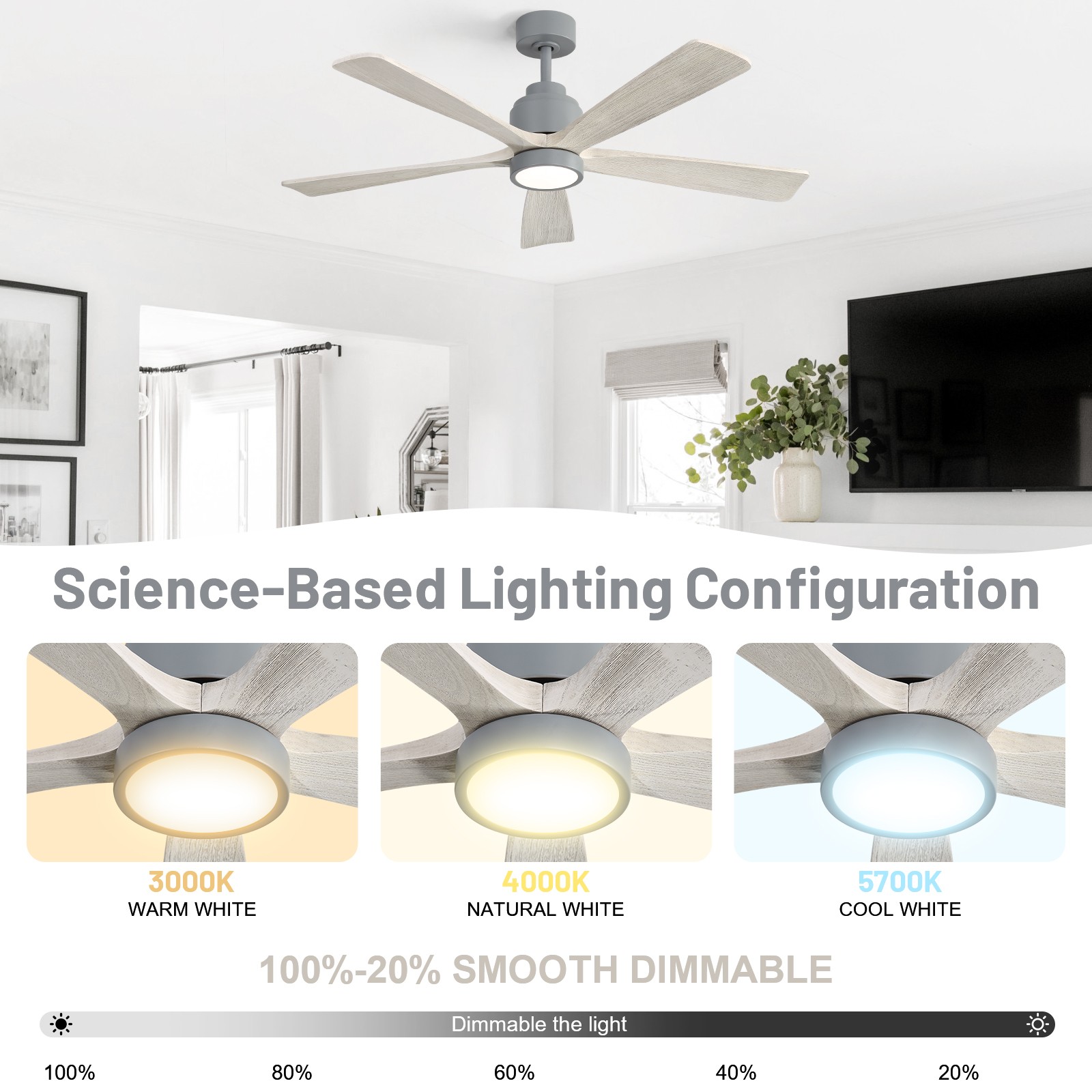 52in Solid Wood Ceiling Fan with Light and Remote Control Quiet Reversible Motor