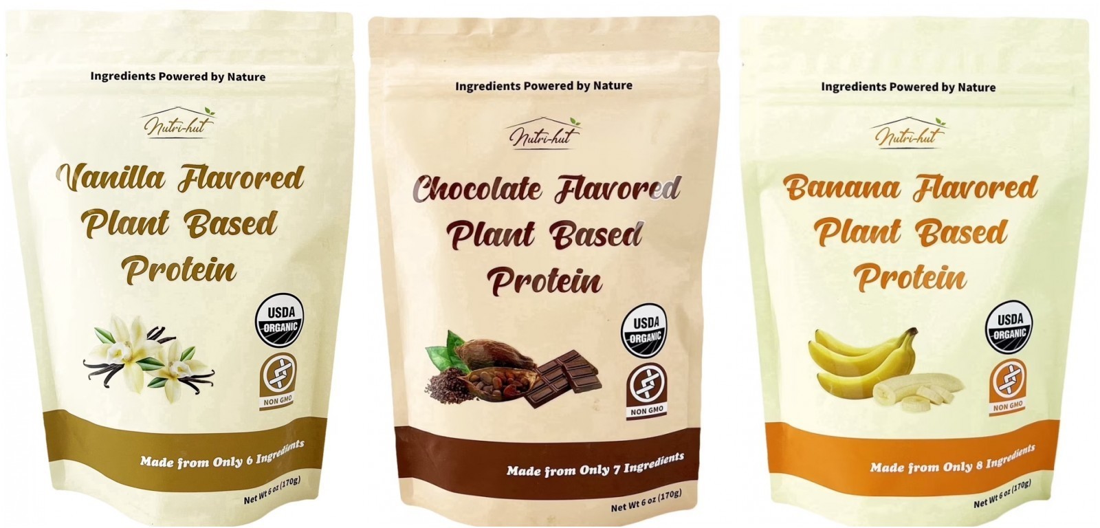 Nutri-hut Plant Based Organic Protein Powder - 6 oz- 3 Flavor Options