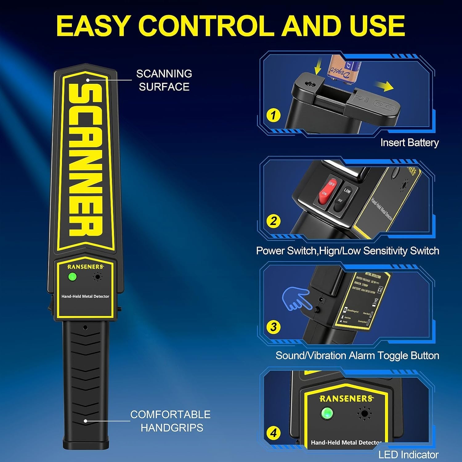 Battery Powered Metal Detector Wand with LED Display and Adjustable Sensitivity
