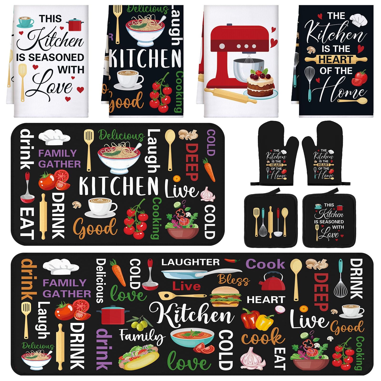 Fourluoo 10 Pcs Farmhouse Kitchen Decor and Accessories Set 4 Kitchen Towels 2 P