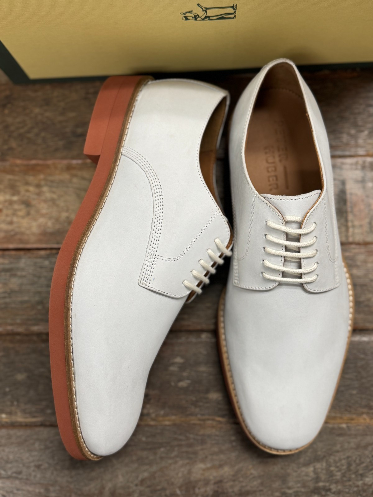 Peter Huber Men's Shoes Classic White Buck Oxford Red Brick Outsole $179