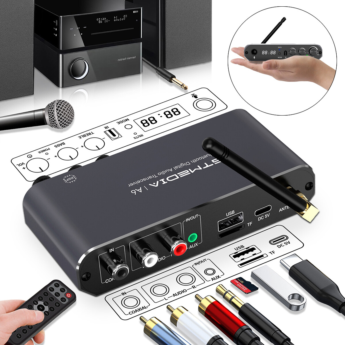 Bluetooth 5.1 Transmitter Receiver RCA Coaxial USB AUX Adapter for TV Car Stereo