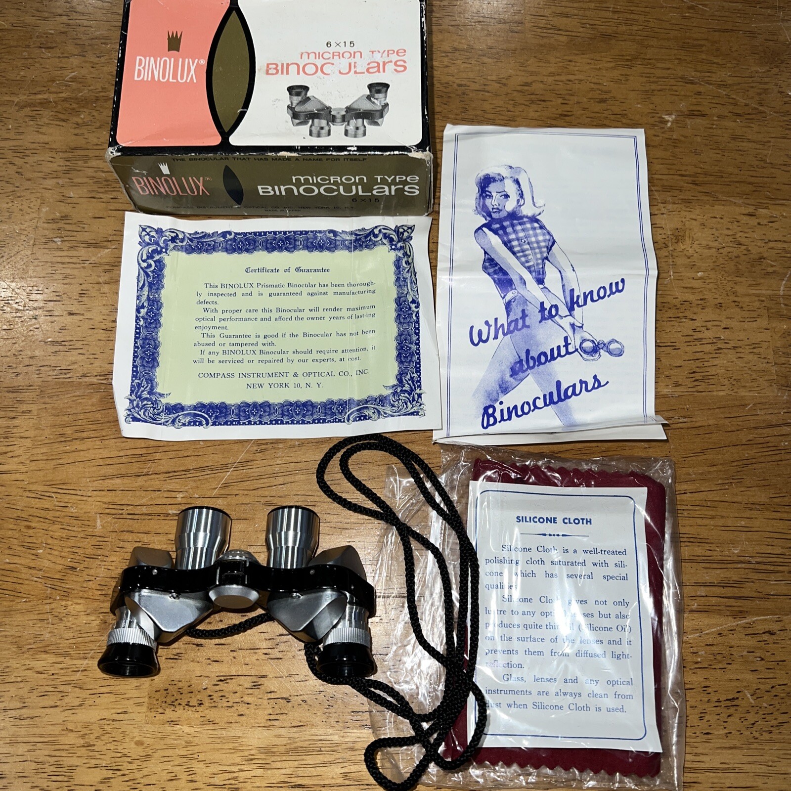 VINTAGE BINOLUX MICRON 6x15 THEATER BINOCULARS W/ORIGINAL BOX, CLEANING CLOTH