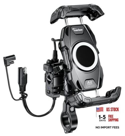 Motorcycle Smartphone Holder, Air Mount Vibration Absorption, QI & USB