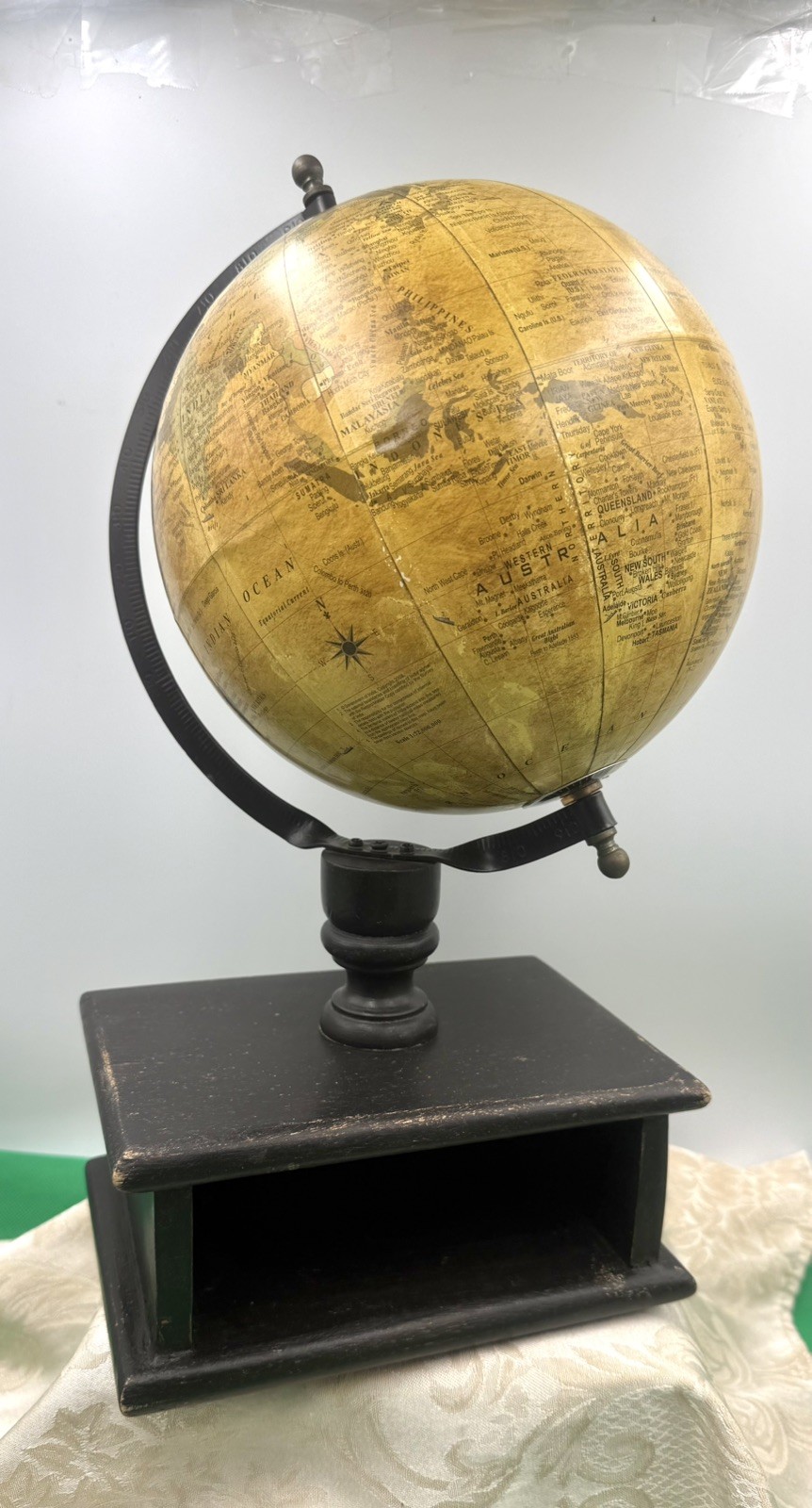 Decorative 16" World Globe with Rustic Wood Open Drawer