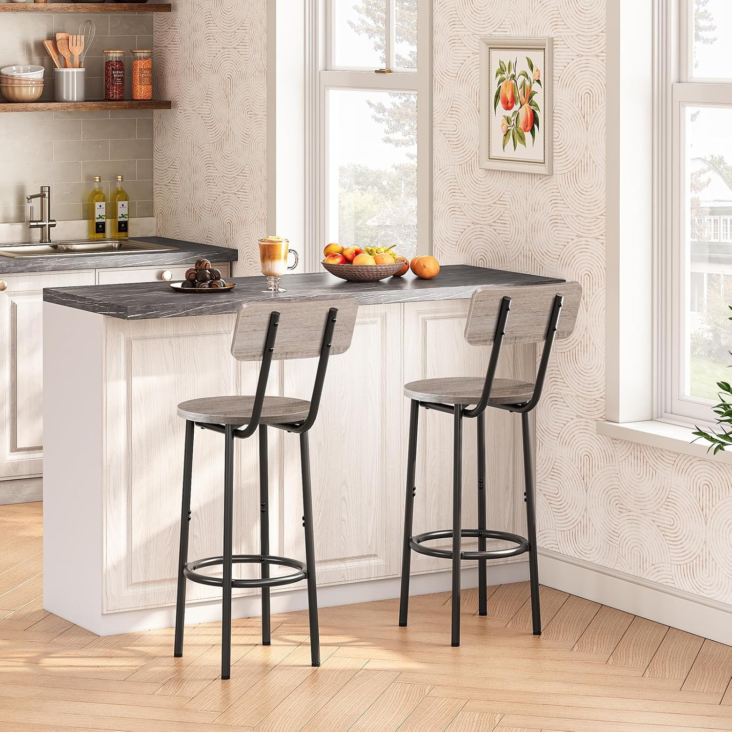 Bar Stools,Set of 2 Bar Stools W/ Footrest & Back,25.2" Bar Chairs Kitchen