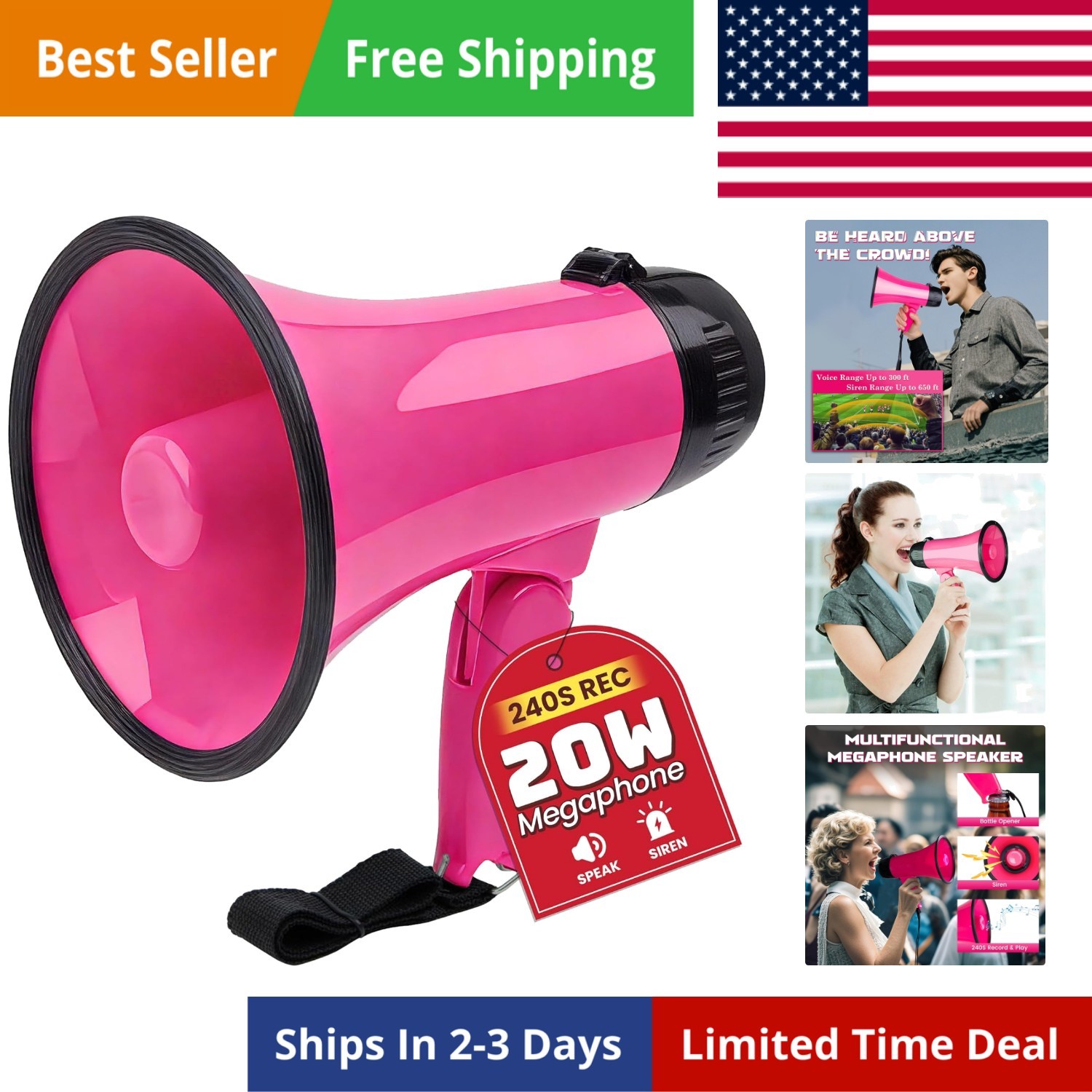 20W Megaphone Bullhorn, Built in Siren & 240s Recording, 5.4"×8.6" Portable M...