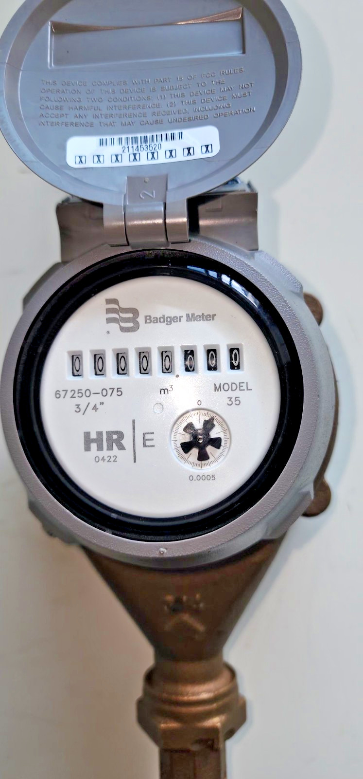 Badger3/4'' x 3/4'' Model-35 Water Meter Cubic Feet. Bronze bottom.