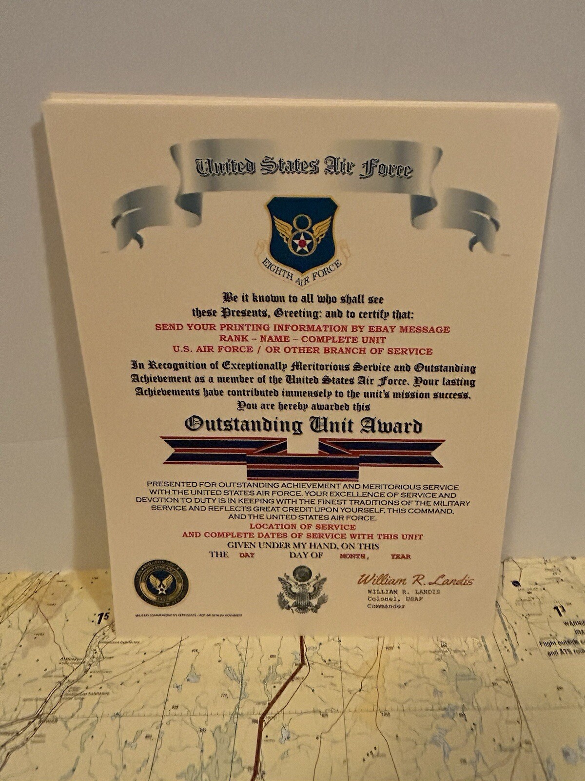 U.S. AIR FORCE / EIGHTH AIR FORCE - OUTSTANDING UNIT AWARD CERTIFICATE