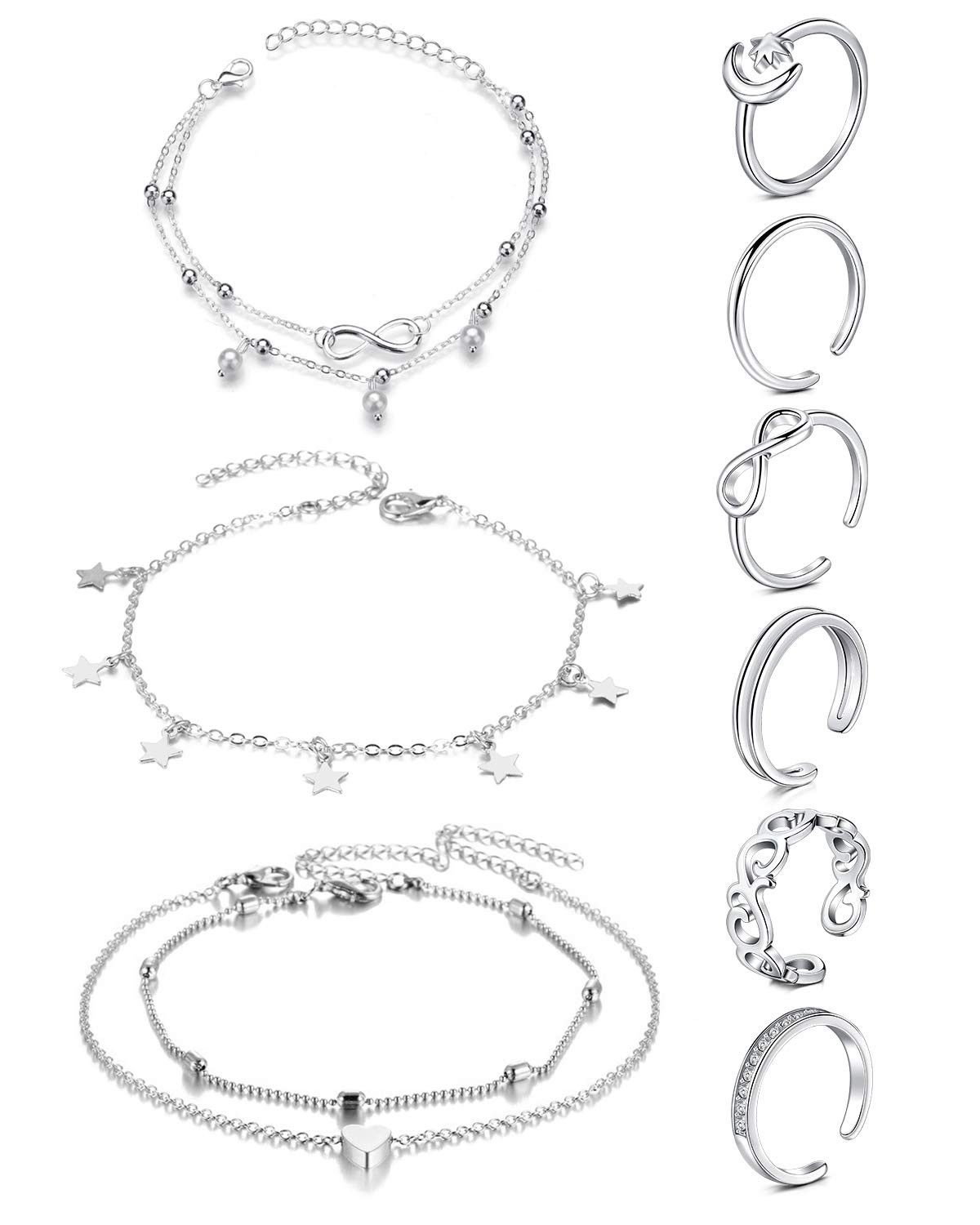JFORYOU Anklets and Toe Ring Set adjustable, Rings Anklet A -silver