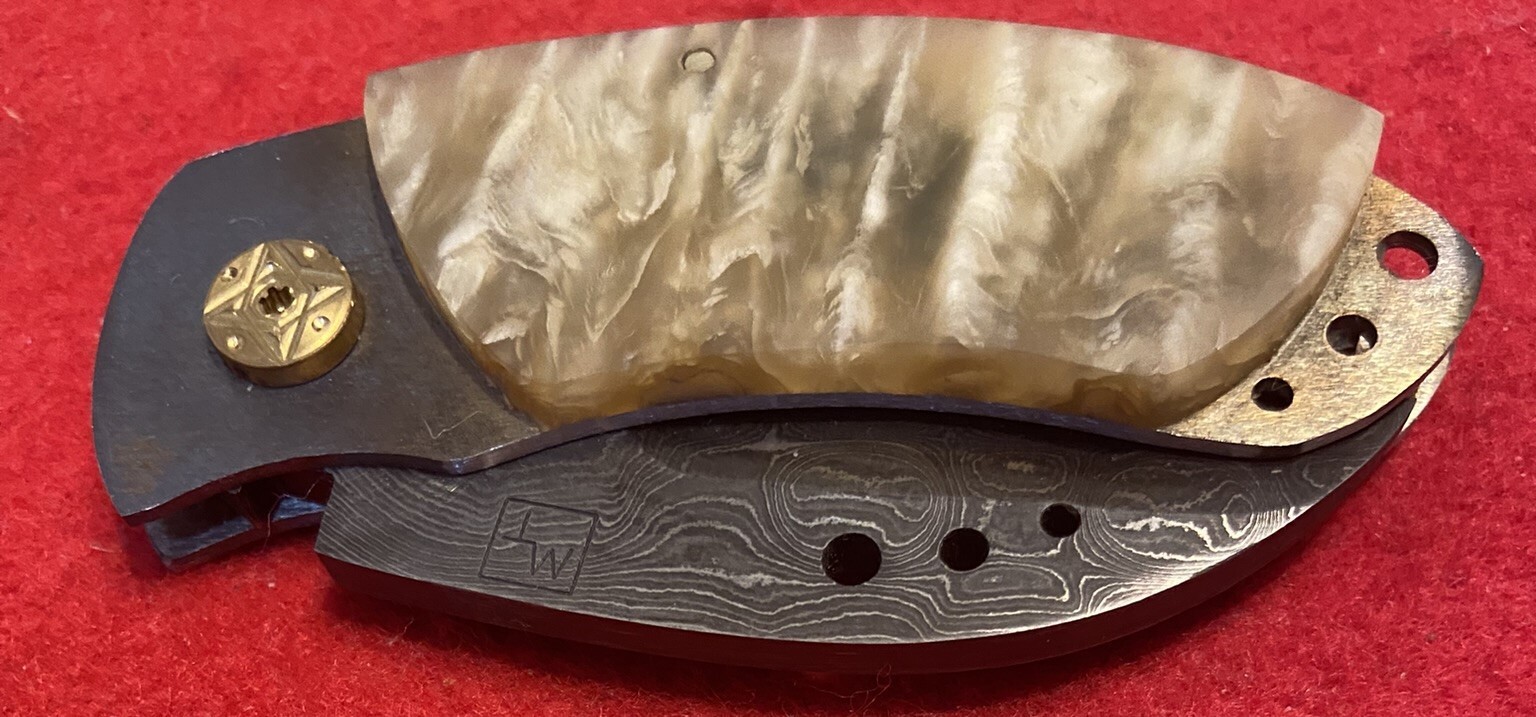 Mike Tamboli Custom Small Damascus Folding Knife Musk Ox, Lock Back