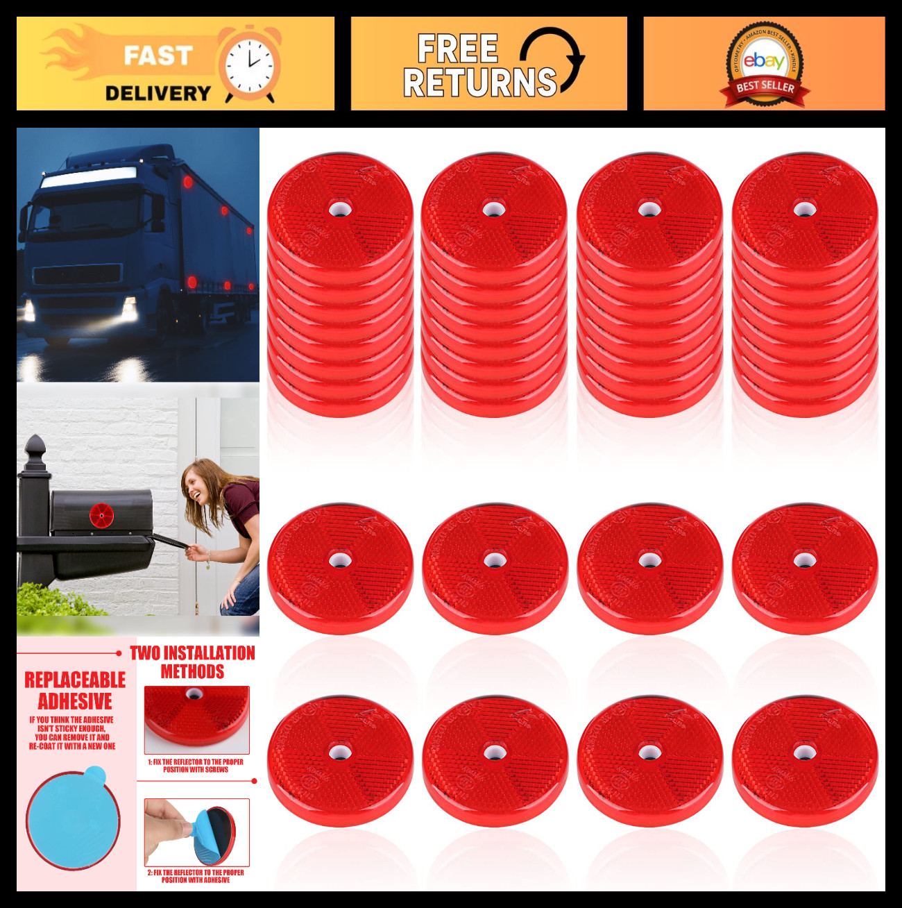 32 Pcs Red Reflectors for Fence Posts, Mailboxes, Driveways & Trailers - 2.4" Sa