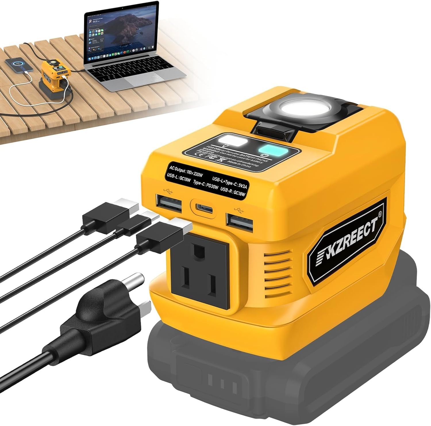 Kzreect 220W Power Inverter Compatible with Dewalt 20V 1 Pack, Yellow