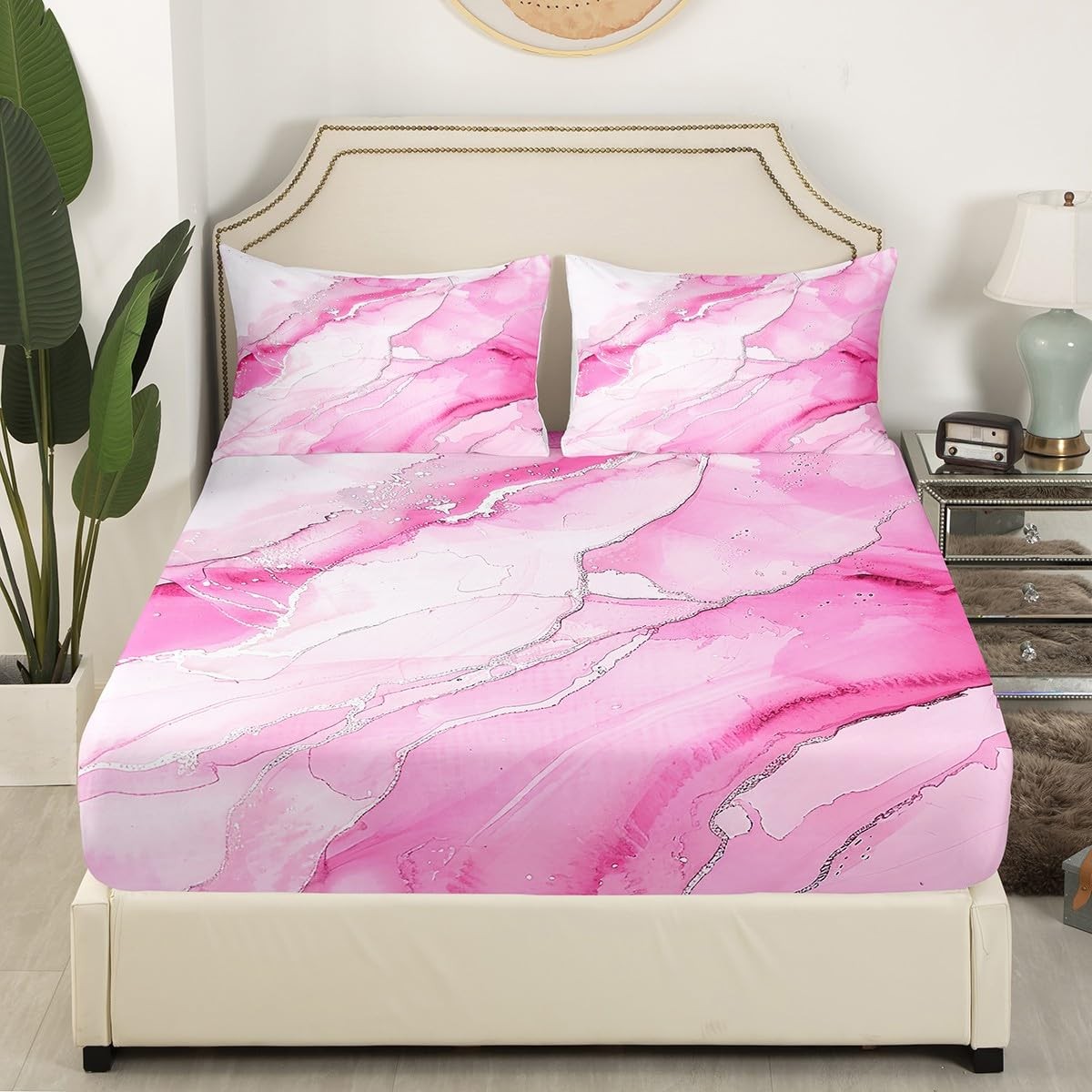 Marble Texture Printed Bed Sheets Set Queen Size Modern Marble Aesthetic Fitt...