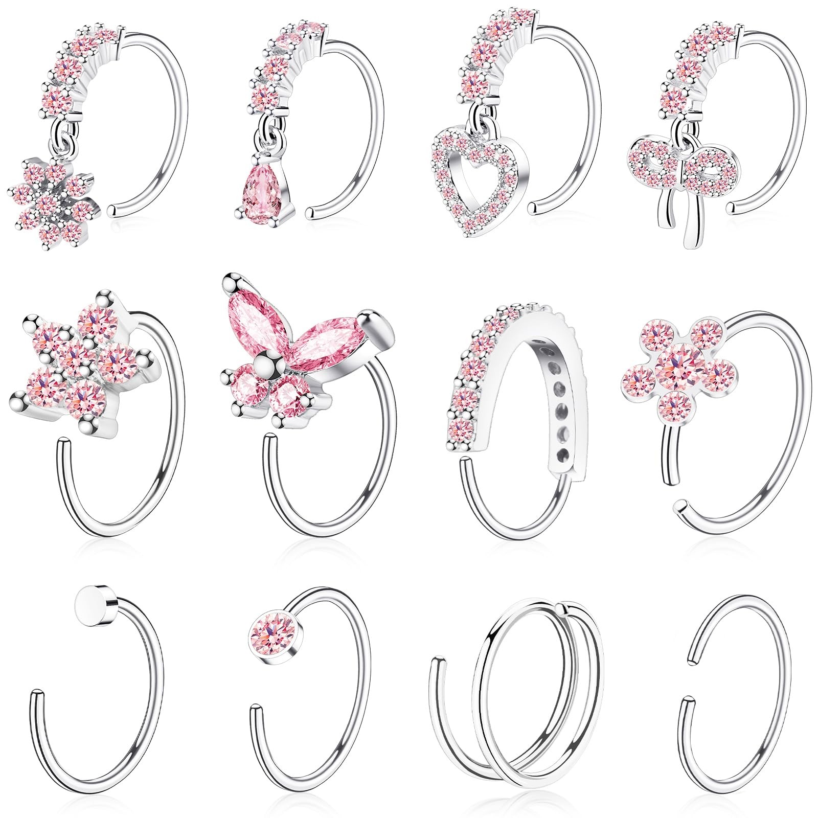 BSJ4U Hoop Nose Rings for Women Piercings 20G Silver Pink