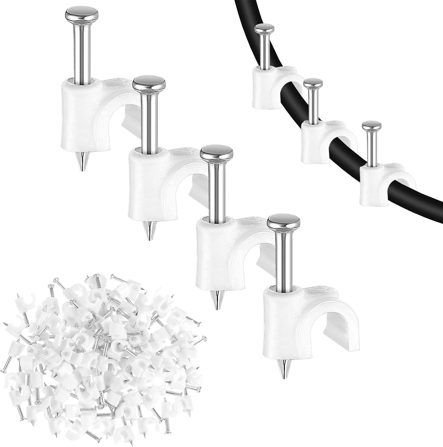 100-Pack 4mm Cable Clips with Steel Nails – Wire Cord Wall Clips Organizer