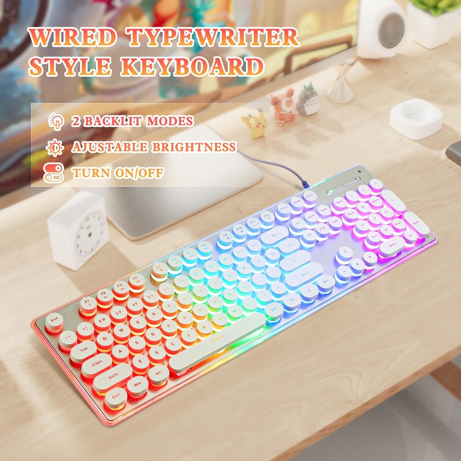 Typewriter Style Keyboard with Metal Panel, Rainbow LED Backlit, Round White