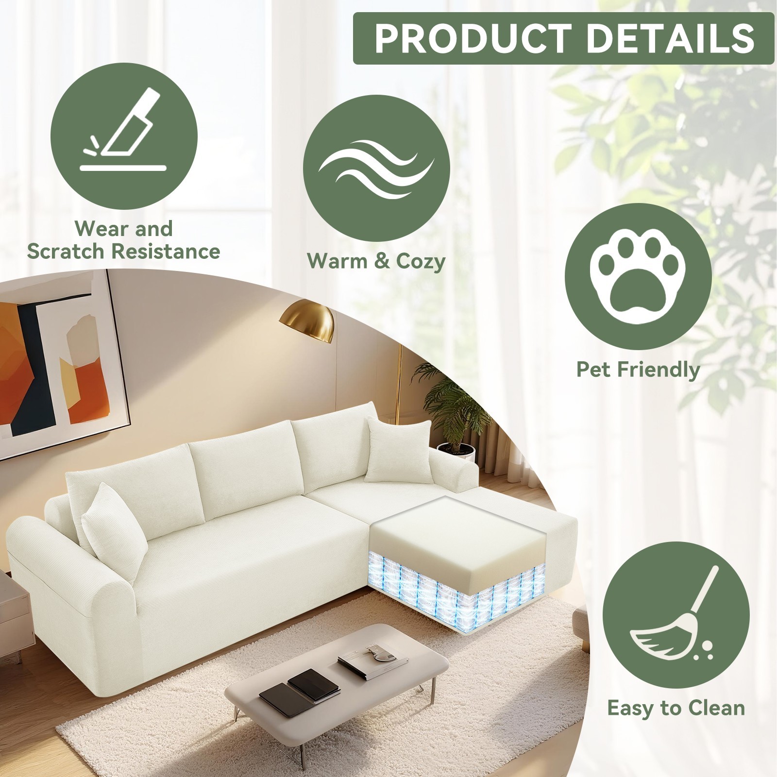 5-in-1 Modular Sectional Sofa with L-Shaped Chaise Comfy Corduroy Boneless Couch