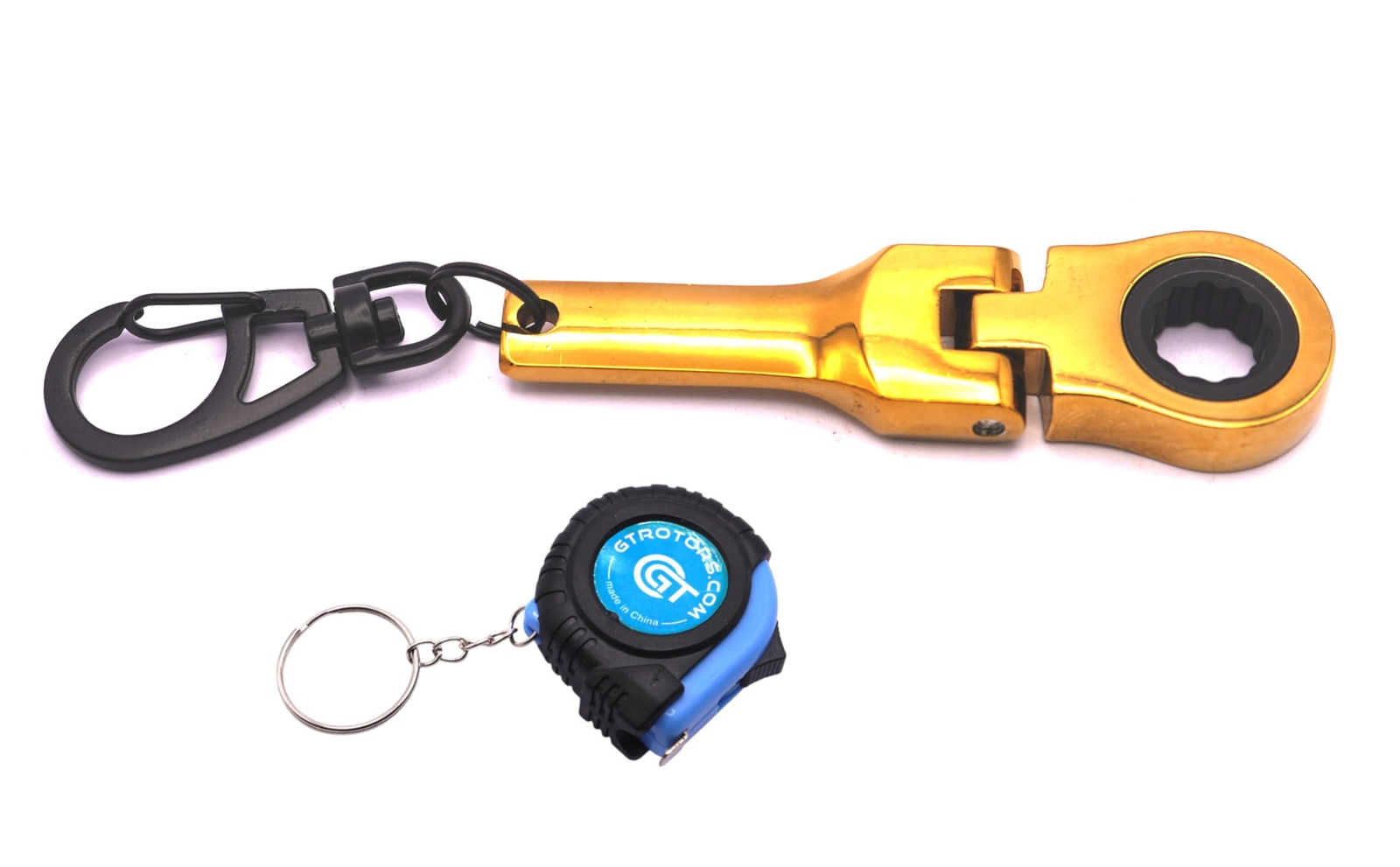 Portable Gold Stubby 10mm Ratchet Wrench & Mini Tape Measure Keychain Monkey