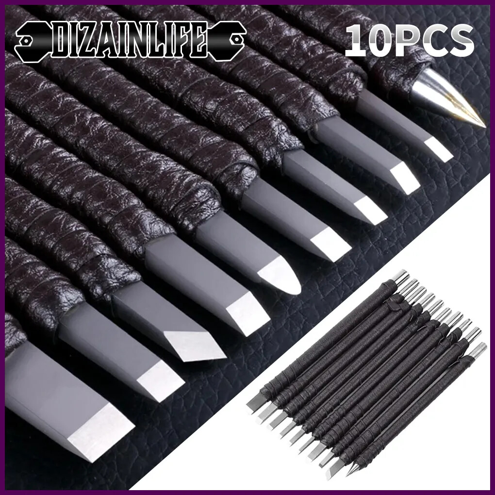 Professional 10Pcs Tungsten Steel Stone Carving Kit Hand Tools Set Chisel