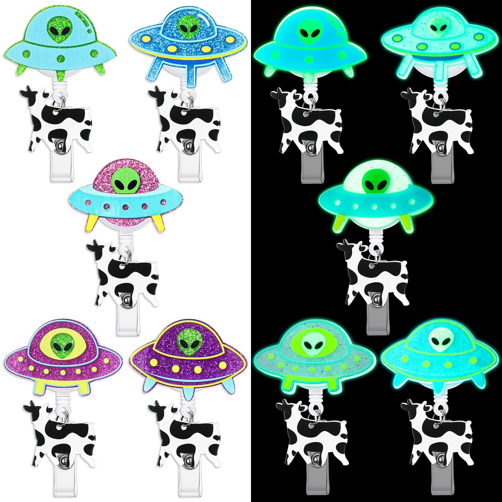 Dunzoom 5 Pcs Alien Badge Reel UFO Cow Holder Pink, Blue, Green