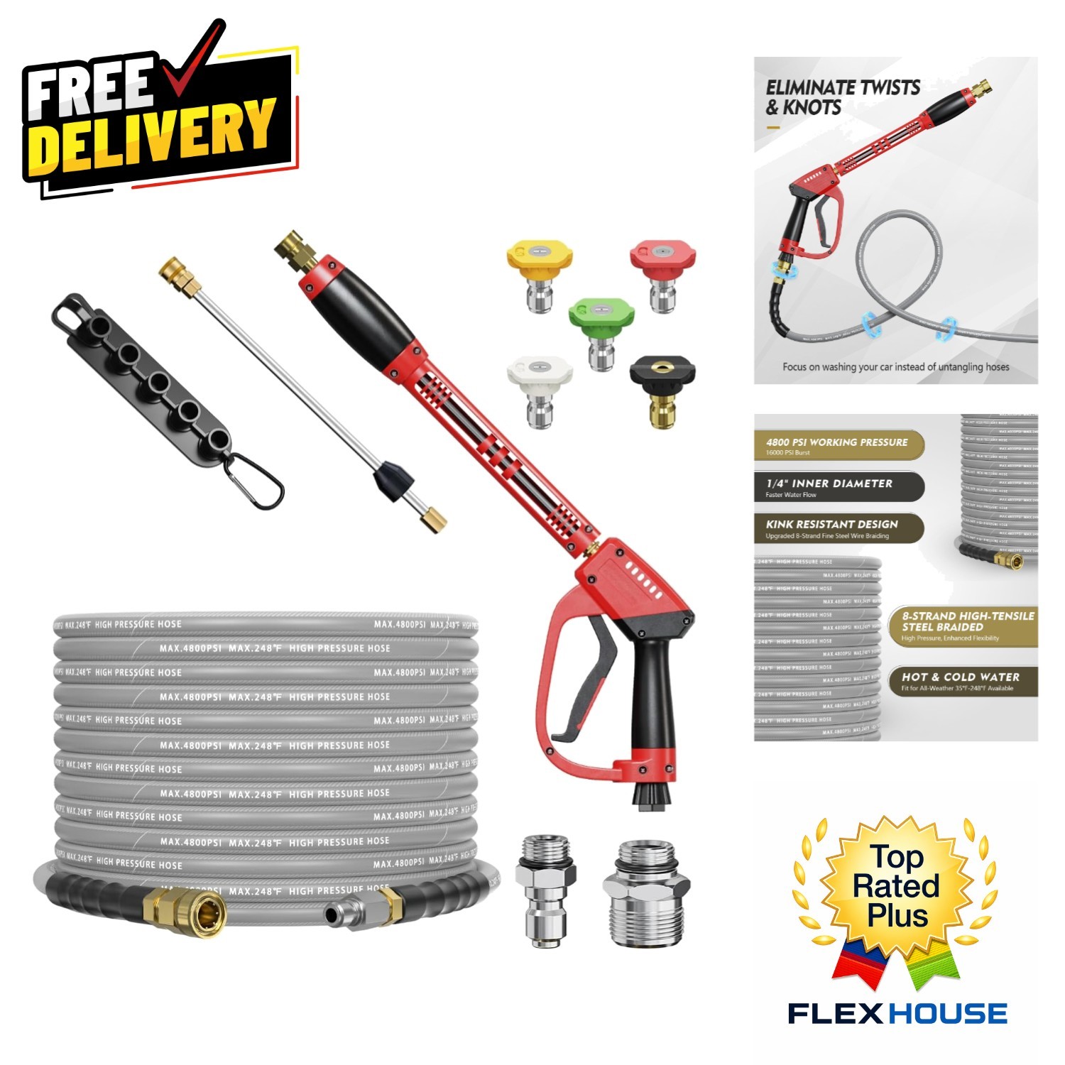 4800 PSI Flexible Pressure Washer Gun & Hose Kit - 25FT Steel-Braided Excellence