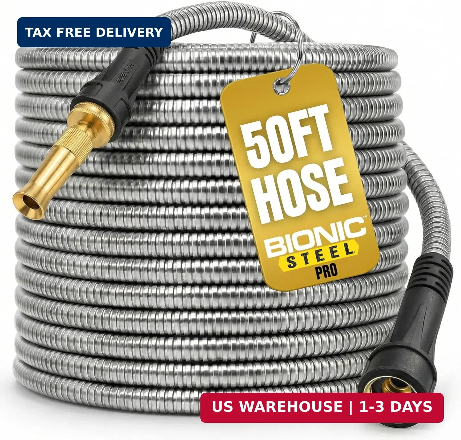 PRO 50 Ft Metal Garden Hose with Nozzle, Water Hose Made from Heavy