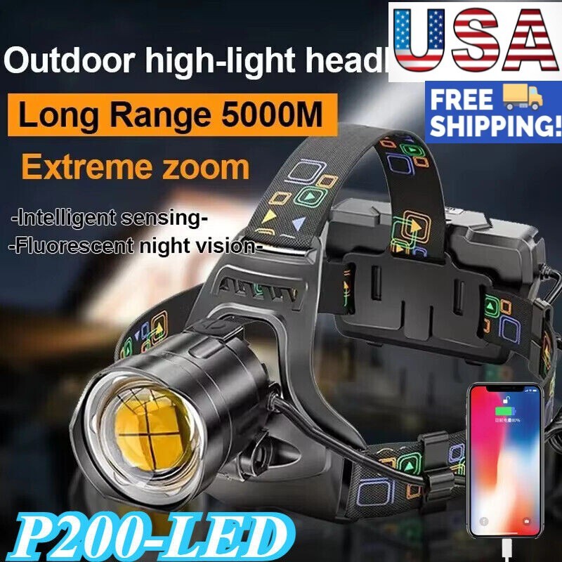 250000000LM Long Range LED Headlamp Zoomable Outdoor Headlight Built-in Battery