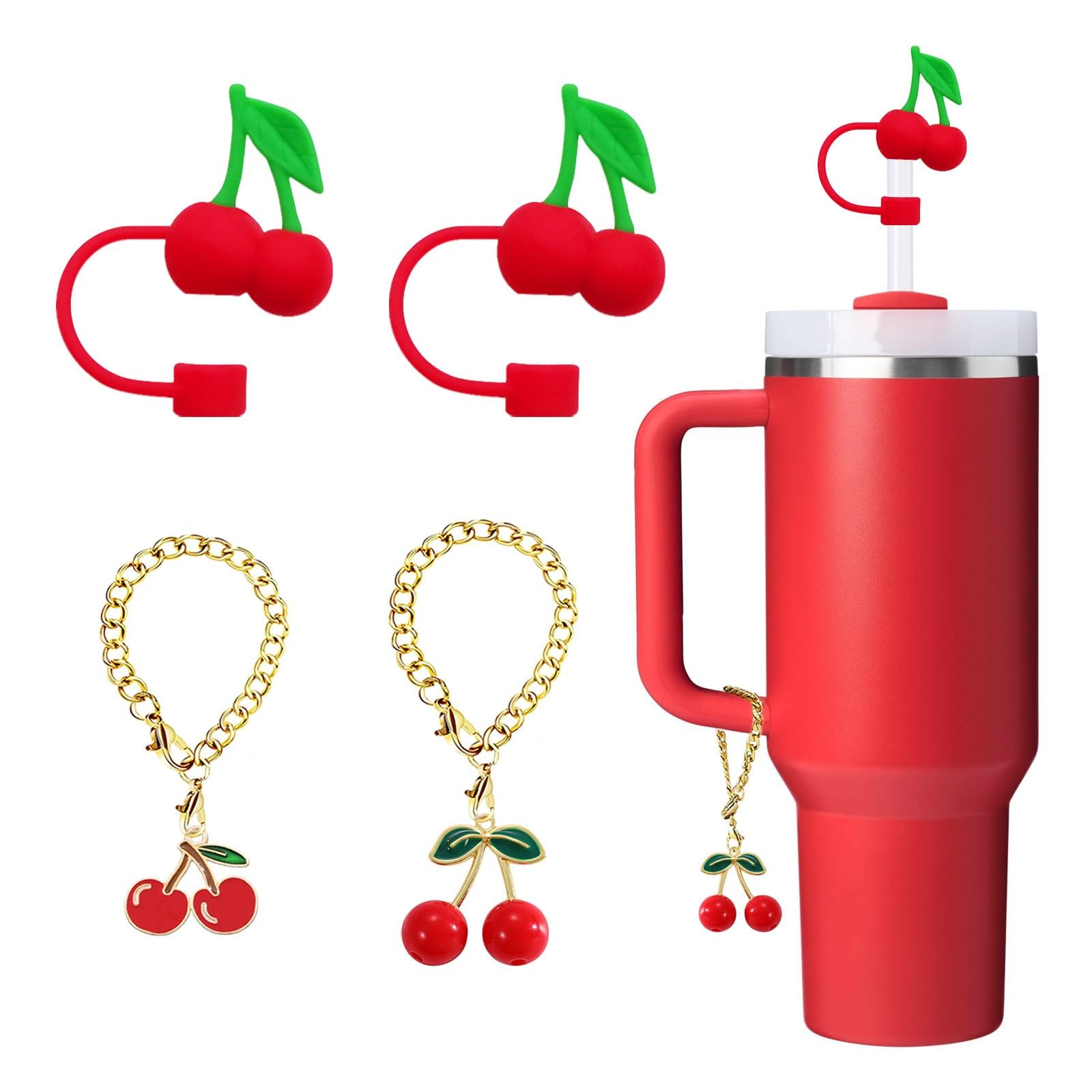 4Pcs Red Cherry Silicone Straw Toppers for Stanley 40 30oz Tumbler Handle