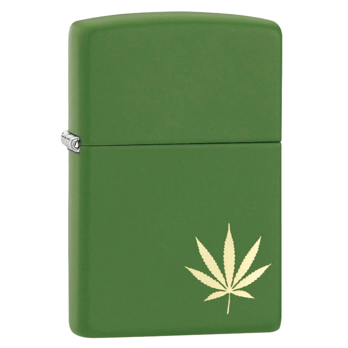 Zippo Windproof Lighter Green With Engraved Marijuana Leaf, 29588, New In Box