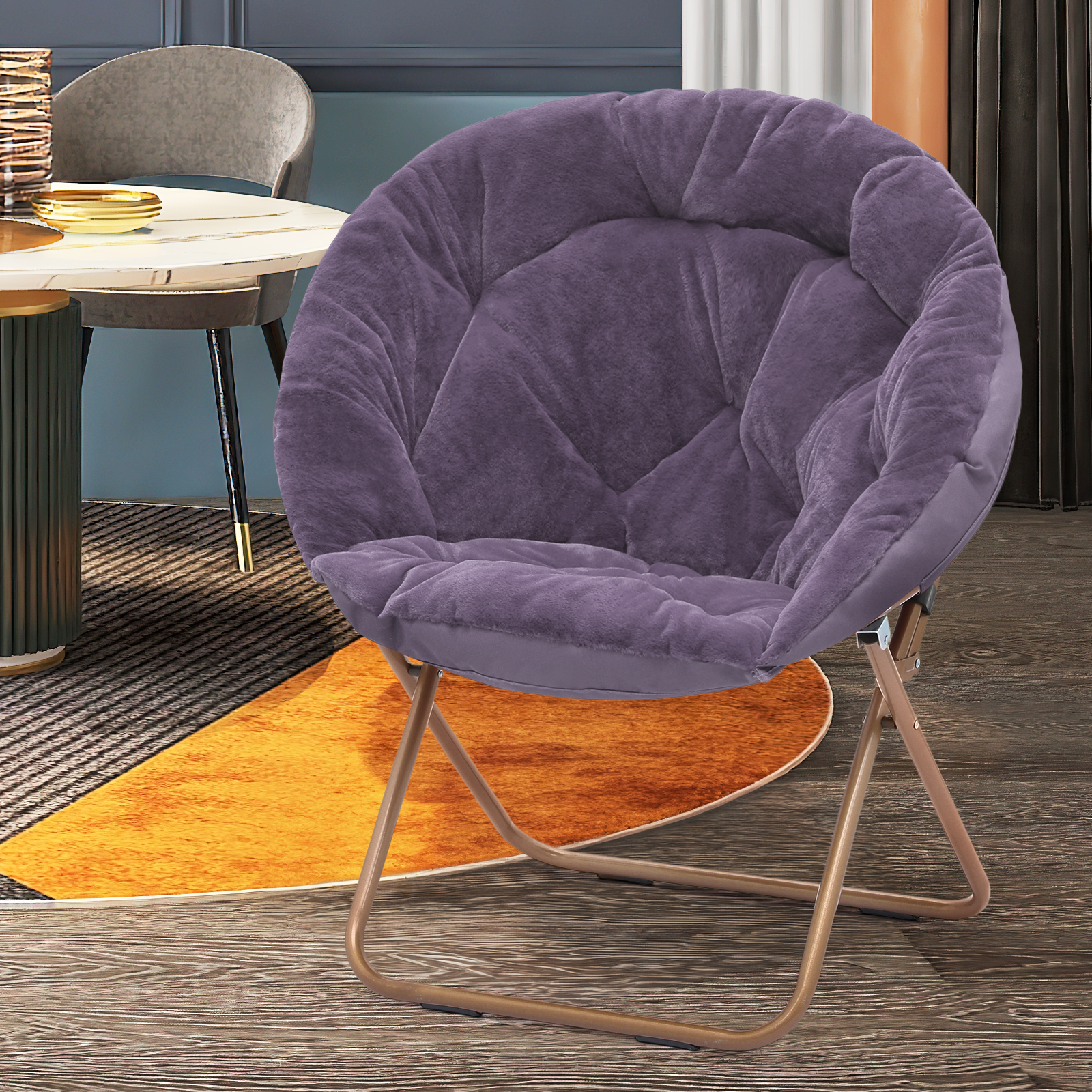 Purple Folding Faux Fur Saucer Accent Chair Padded Seat Moon Chair w/Metal Frame