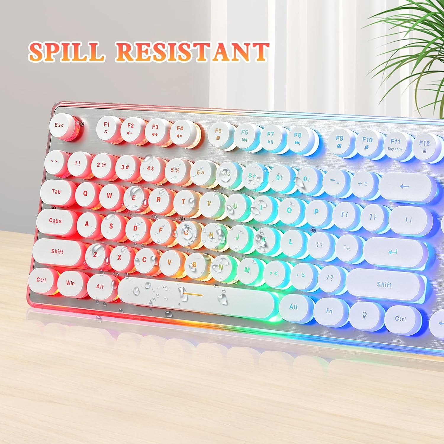Typewriter Style Keyboard with Metal Panel, Rainbow LED Backlit, Round White