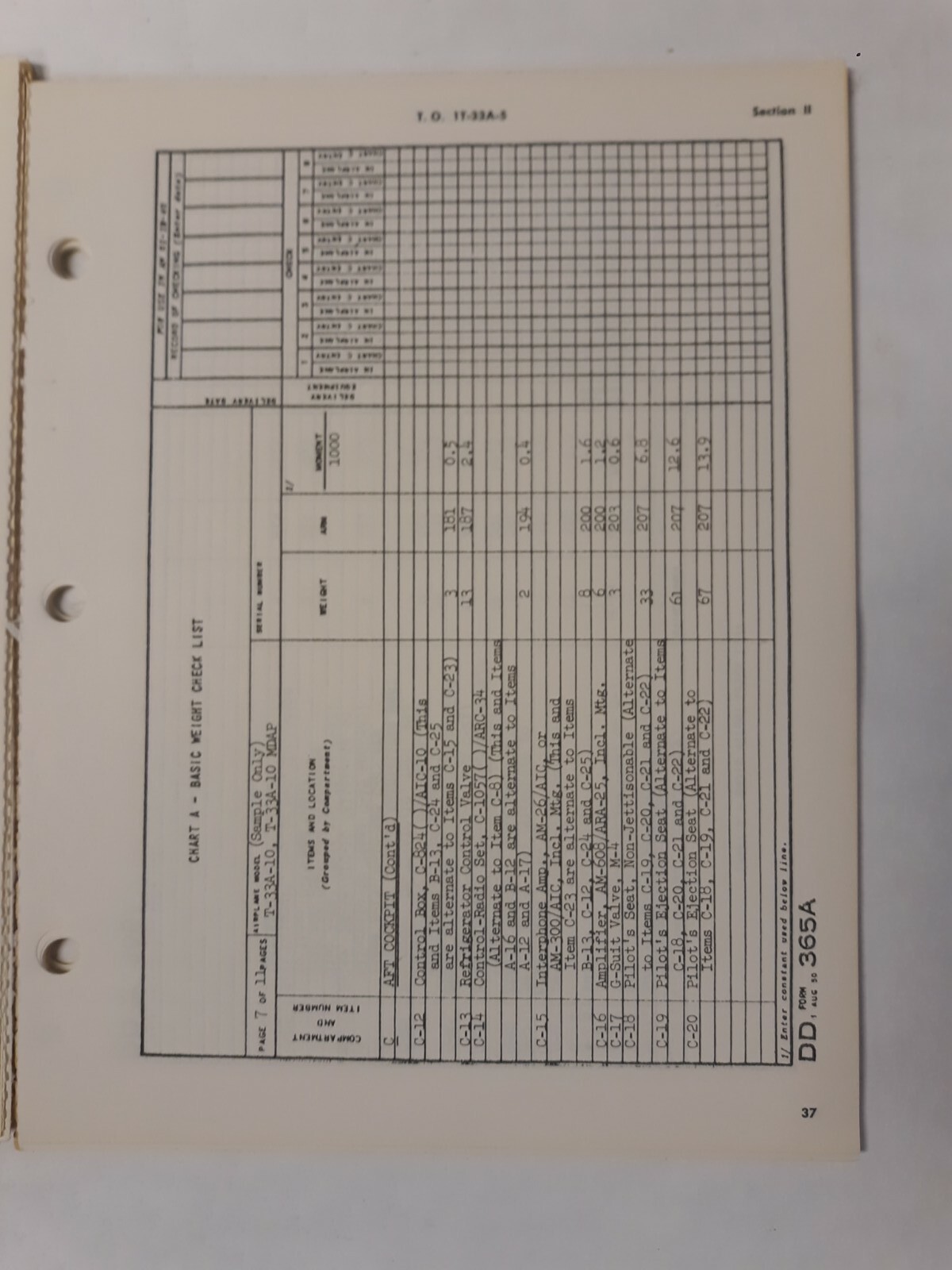 Lockheed T-33A-1-5-10-15/TV-2 Aircraft Basic Weight Checklist & Loading Data