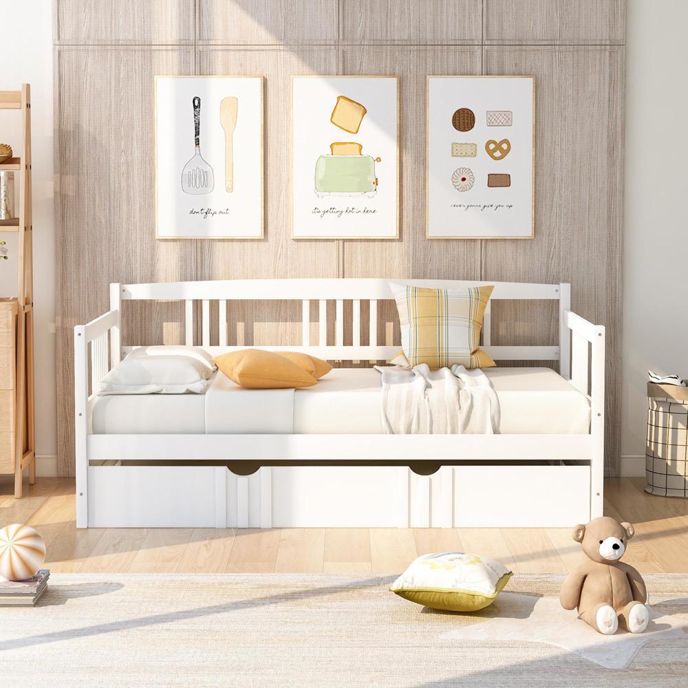 Sturdy and Durable Twin Size Daybed Wood Bed with Twin Size Trundle White